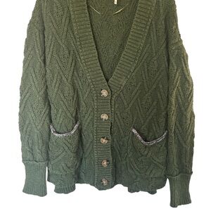 Free People Olive Green Cable Knit Button Cardigan